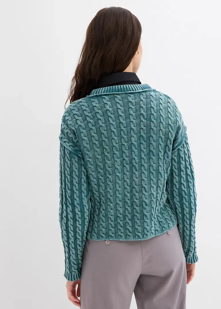bonprix Kurz geschnittener Strickpullover aus reiner Baumwolle mit Zopfmuster im Washed-Look Bis zu 50% Rabatt