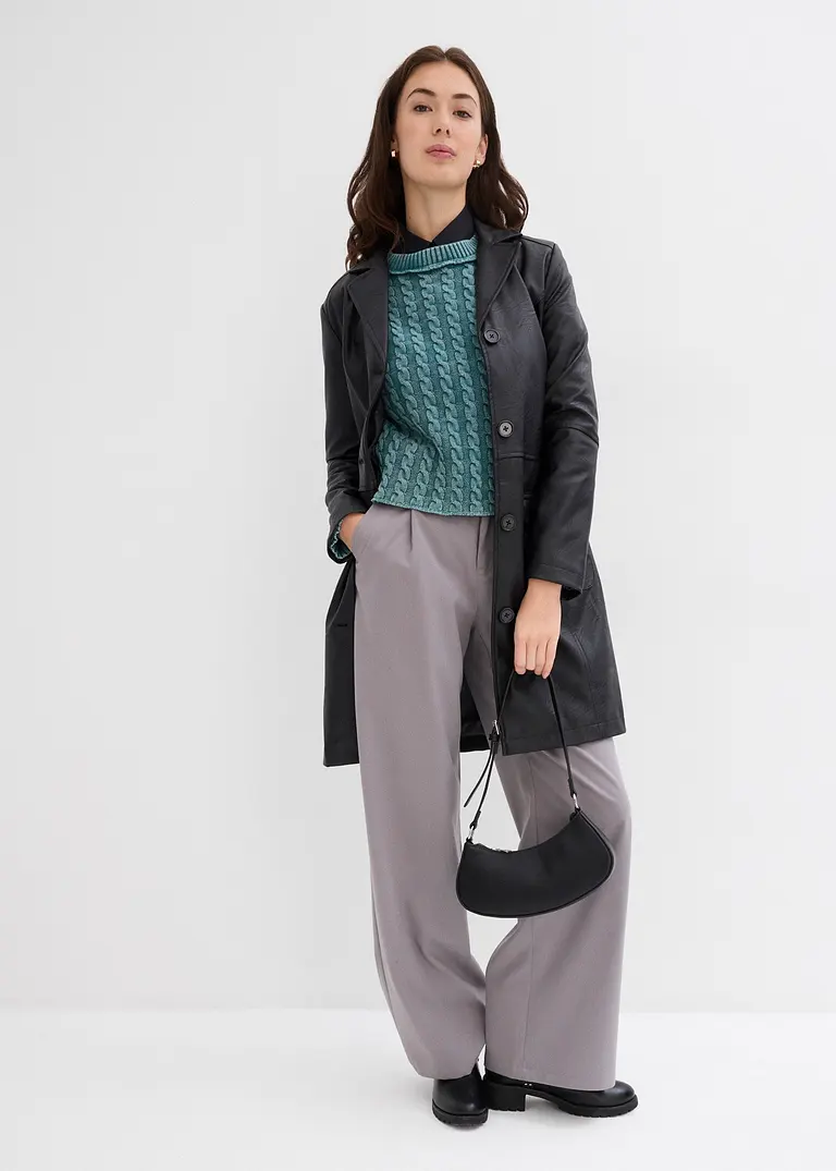 bonprix Kurz geschnittener Strickpullover aus reiner Baumwolle mit Zopfmuster im Washed-Look Bis zu 50% Rabatt
