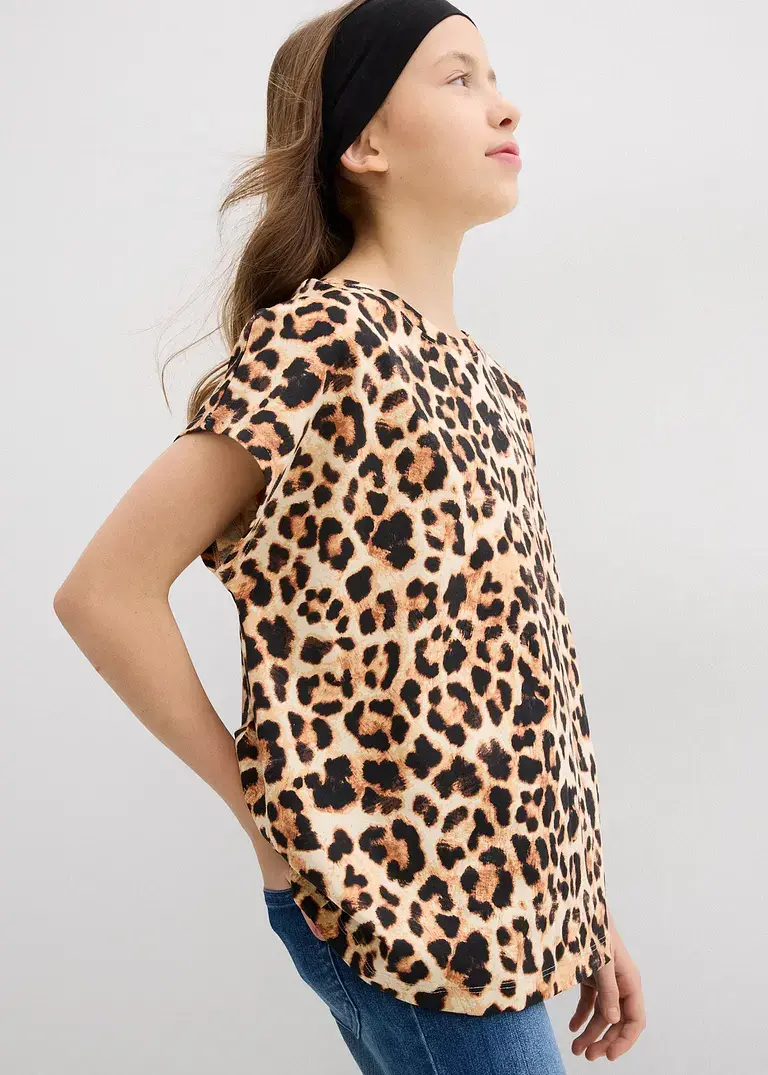 bonprix Mädchen T-Shirt im schönen 2er-Pack - schwarz+beige bedruckt Riesige Ersparnisse