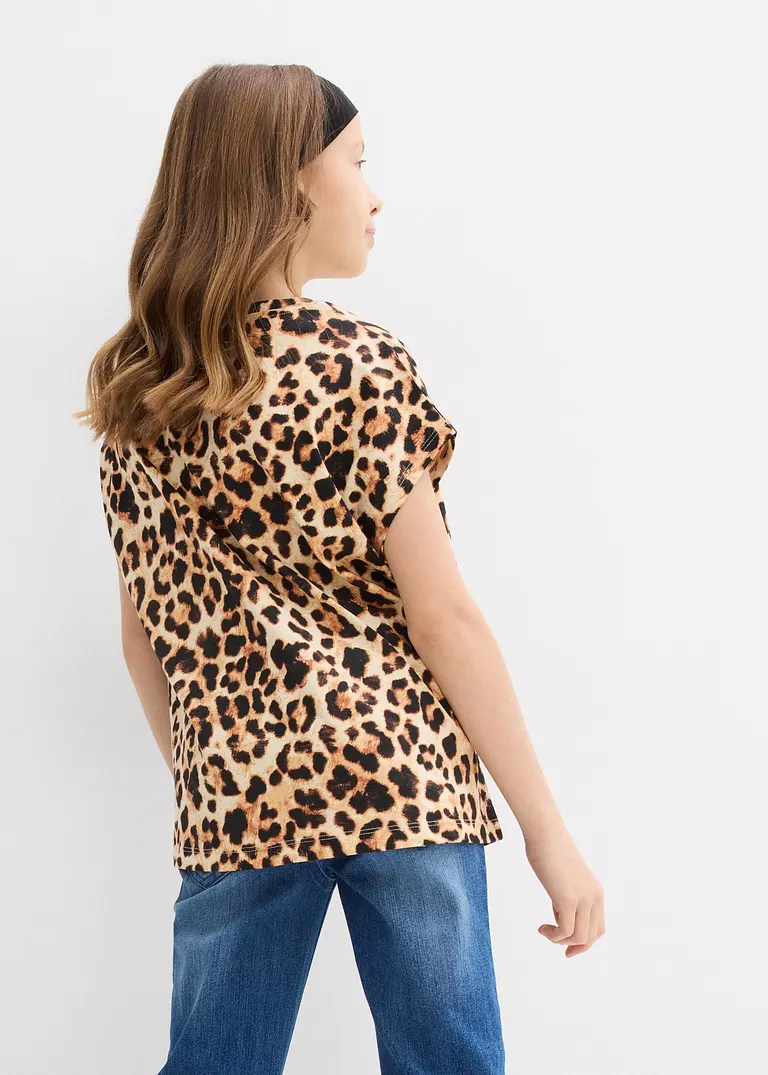 bonprix Mädchen T-Shirt im schönen 2er-Pack - schwarz+beige bedruckt Riesige Ersparnisse
