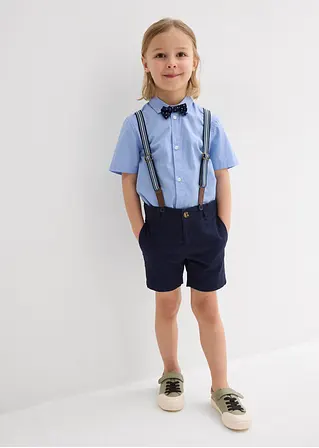 bonprix Cooles Set für Jungen bestehend aus einem Kurzarmhemd einer Chino-Bermuda verstellbaren Hosenträgern und einer gepunkteten Fliege Super Sparpreis