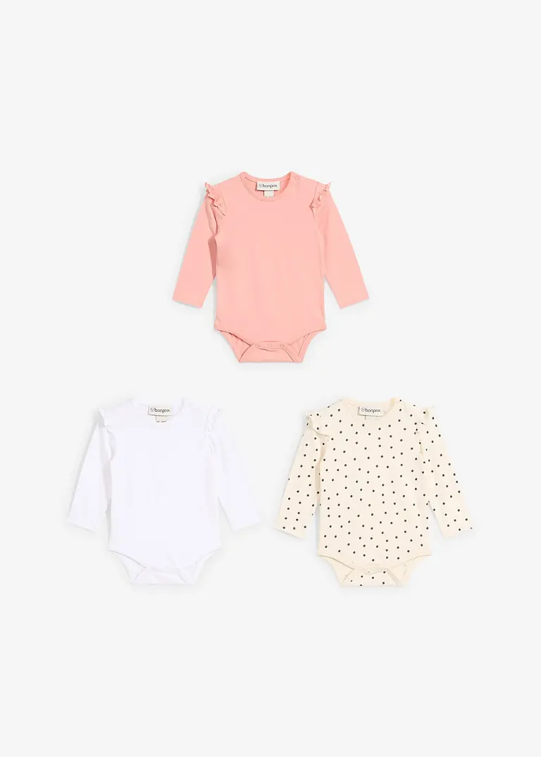 bonprix 3er Packung Baby Bodies mit Rüschen und Knöpfen an der Schulter und im Schritt Nur für heute