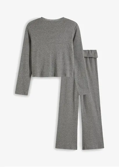 bonprix Mädchen Langarmshirt mit Spitze am Ausschnitt und mit bequemer ausgestellter Hose (2-tlg. Set) Lagerräumung