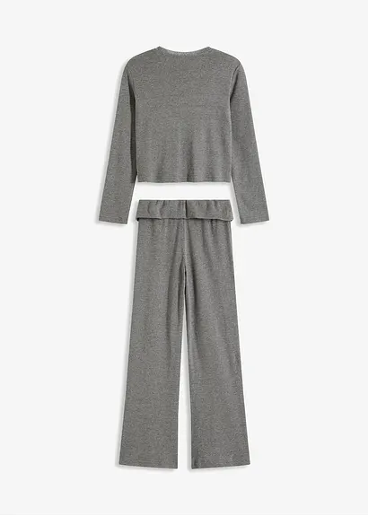 bonprix Mädchen Langarmshirt mit Spitze am Ausschnitt und mit bequemer ausgestellter Hose (2-tlg. Set) Lagerräumung