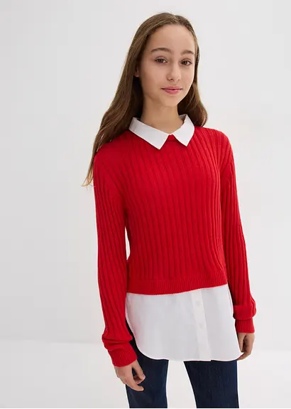 bonprix Mädchen Feinstrickpullover mit kontrastfarbigen Blusenbesatz Exklusivangebot