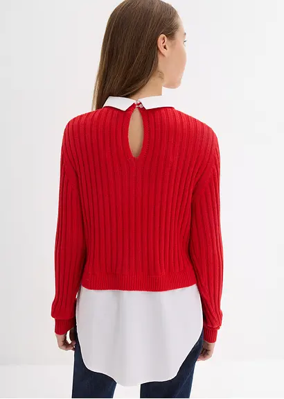 bonprix Mädchen Feinstrickpullover mit kontrastfarbigen Blusenbesatz Exklusivangebot