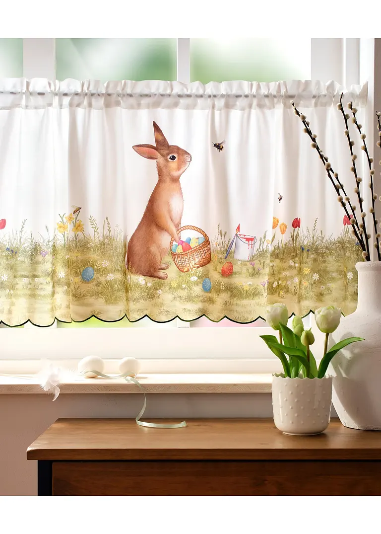 bonprix Farbenfrohe Küchengardine mit Osterhase und bunter Blumenwiese im Angebot